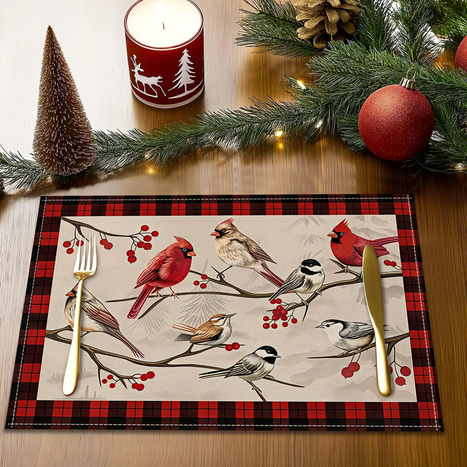 4/6pcs Christmas decorative placemats, Cardinals Berry Christmas Plant Printed Table Non slip Thermal Insulation Mat, Bow Bell Holly Leaf Pattern Plate Mat, Cup Mat, Party Restaurant Desktop Decorative Mat, Kitchen Decorative Placemat, Coasters, Gifts