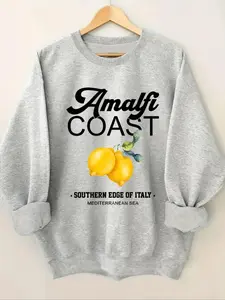 Women's Lemon & Letter Print Thermal Lined Sweatshirt, Casual Long Sleeve Round Neck Pullover for Fall & Winter, Ladies Clothes for Daily Wear