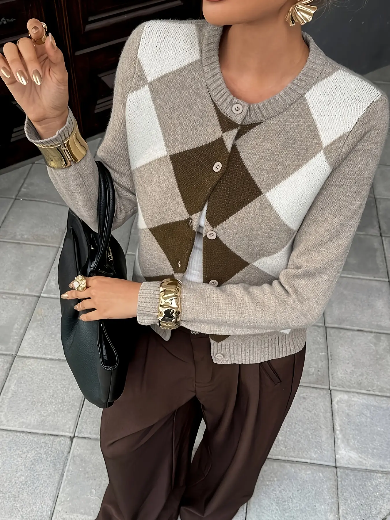 Women's Fashionable Round Neck Fitted Knit Sweater, Long Sleeve Polar Fleece Button Cardigan, Casual Fall Winter Outerwear, Womenswear, Daily Wear Essential, Knitwear, Everyday, Geometric