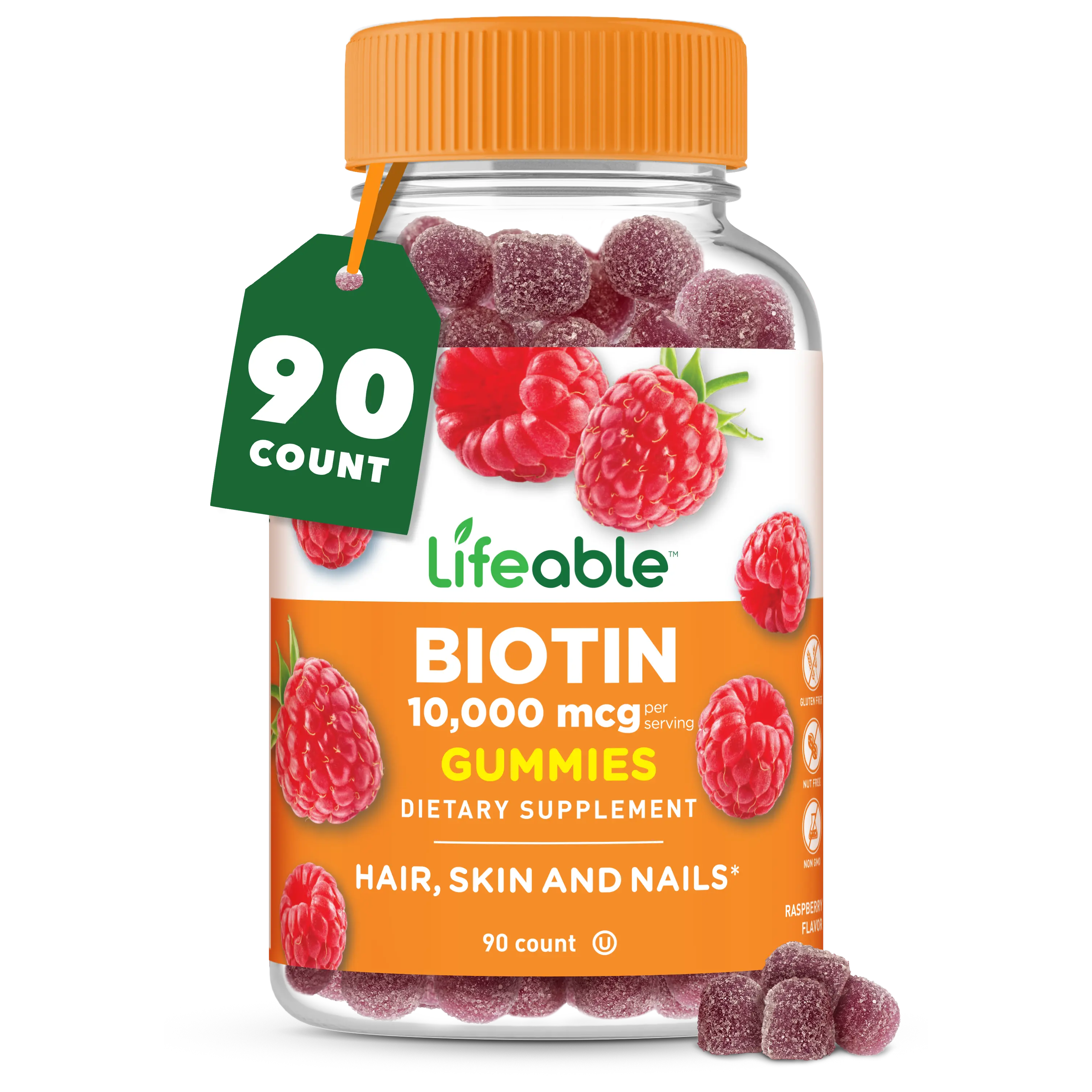 Lifeable Adult Natural Biotin Gummy Vitamin Dietary Supplement, 10000mcg, 90-Count