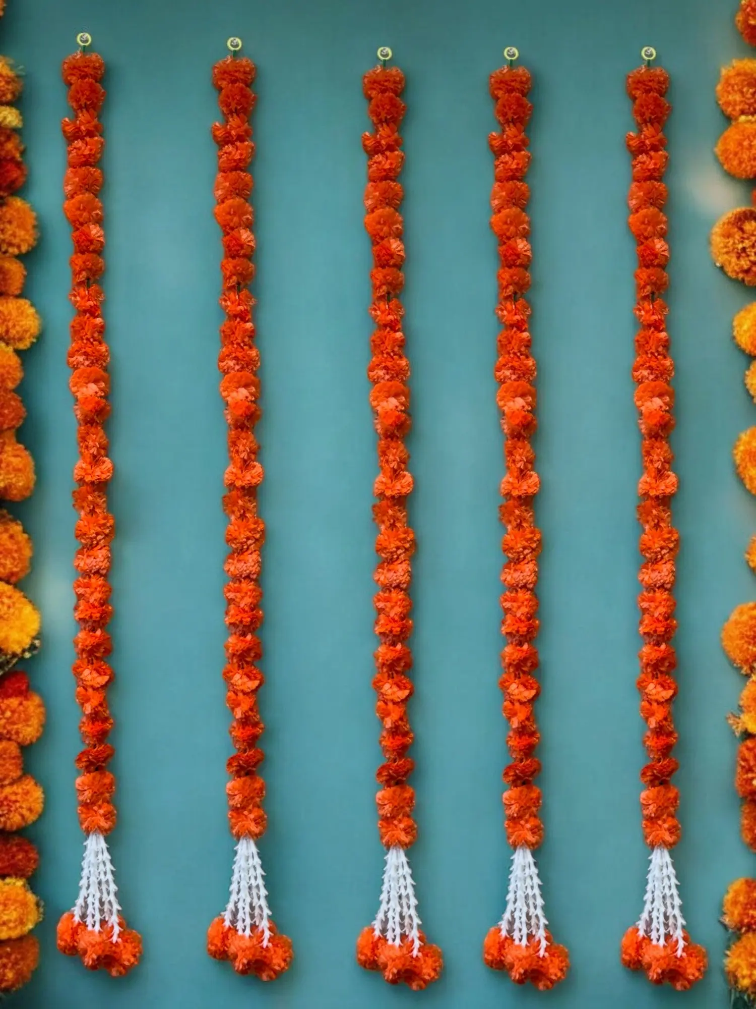 Beautiful 52-Inch-Long Artificial Marigold Flower Lari with Tassels Set of 5 for Indian Festival, Indian Wedding, Mehendi, Sangeet, Pooja or Diwali Décor