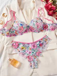 Women's Lace Floral Bra Set, Elegant Comfortable Breathable Medium French Style Underwear, Sexy Transparent Balcony Cup Bras & Low Waist Thongs Piece