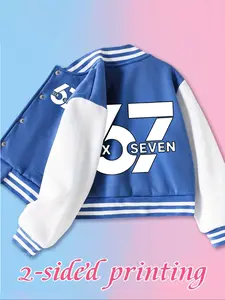 Number 67 Six Seven Boys Short Baseball Jacket with Cartoon Design, Fitted Activewear for Kids, Elastic Fabric for Fall & Winter, Trendy School Uniform for Christmas, Children's Daily Fashion Dressing