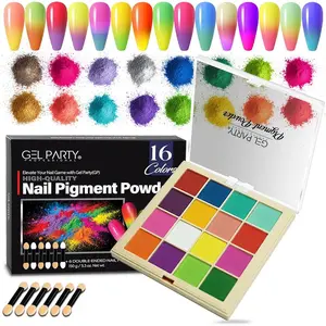 GELPARTY Solid Nail Pigment Palette (16 Colors) - Matte Gradient & Ombre Aura Art - Professional High Saturation Pure Powder (Not Eyeshadow) - One-Stroke, Non-Floating w/ 6 Applicators