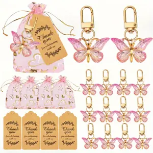 12 Sets 36pcs Butterfly Gift Keychain Set Acrylic Pink Keychains Brown Cards Pink Heart Organza Bags for Gender Reveal Birthday Weddings