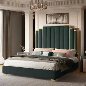 Queen/King/California King Size Modern Upholstered Bed Frame In Velvet With 65.4" Tall Gold Trim Headboard, Elegant Platform Bed, No Box Spring Needed