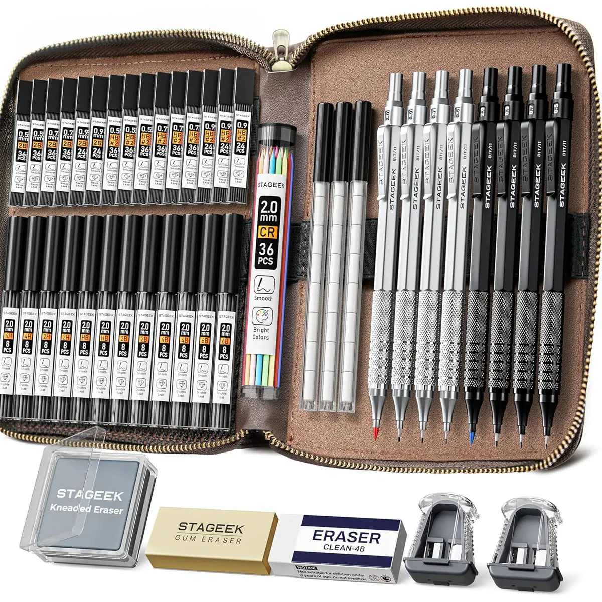 STAGEEK 45PCS Stationery Supplies Metal Body Mechanical Pencil Set in Leather Case, Multi-Size 0.5/0.7/0.9/2.0mm Drafting Pencils with 28 Tubes (6B/4B/2B/HB/2H/4H & Color Lead Refills) for Art Supplies, Drawing, Writing