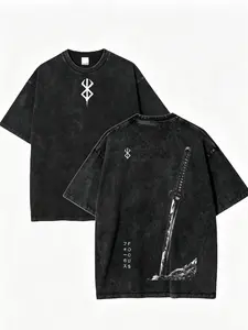 [BT] Berserk Brand Of Sacrifice Katana Vintage Washed Double Sided Oversized Dark Anime Streetwear T-Shirt, Vintage Acid Wash Berserk T-Shirt – Oversized Guts Anime Graphic Tee, Cozy Fit, Perfect for Any Season, Clean Look, Goes with