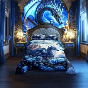 Magical Dragon Bedding Set,Romantic Rose Butterfly Comforter Set for Girls Boys Room Decor Mysterious Animal Down Comforter Princess Dreamy Castle Quilt Set