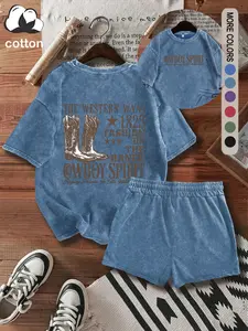 Women's suit retro THE WESTERN WAY fun print cotton casual T-shirt shorts two-piece suit, street Y2K casual round neck washed cotton suit casual outing, punk style women's clothing