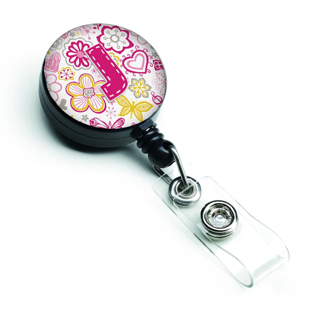 Carolines Treasures CJ2005-JBR Letter J Flowers & Butterflies Pink Aluminum Decal Retractable Badge Reel, 5" h x 1" w x 2" l, Clip-Attached (For Office Identification Supplies)