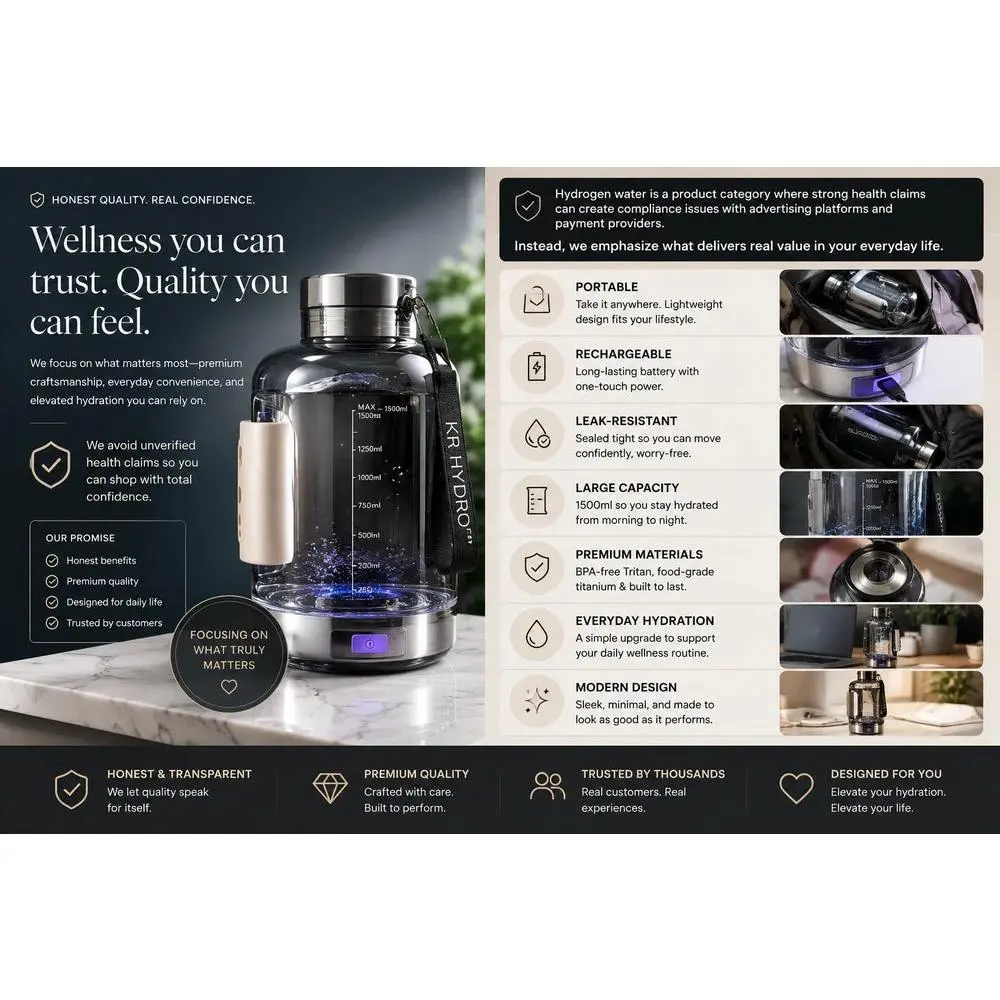 KR Hydro™ Hydrogen Water Bottle, Portable Reusable Rechargeable Modern 1-Touch Kitchen Drinkware, One-Touch