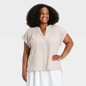 Women's Dolman Short Sleeve Smocked V-Neck Button-Front Top - Ava & Viv Tan Striped 2X