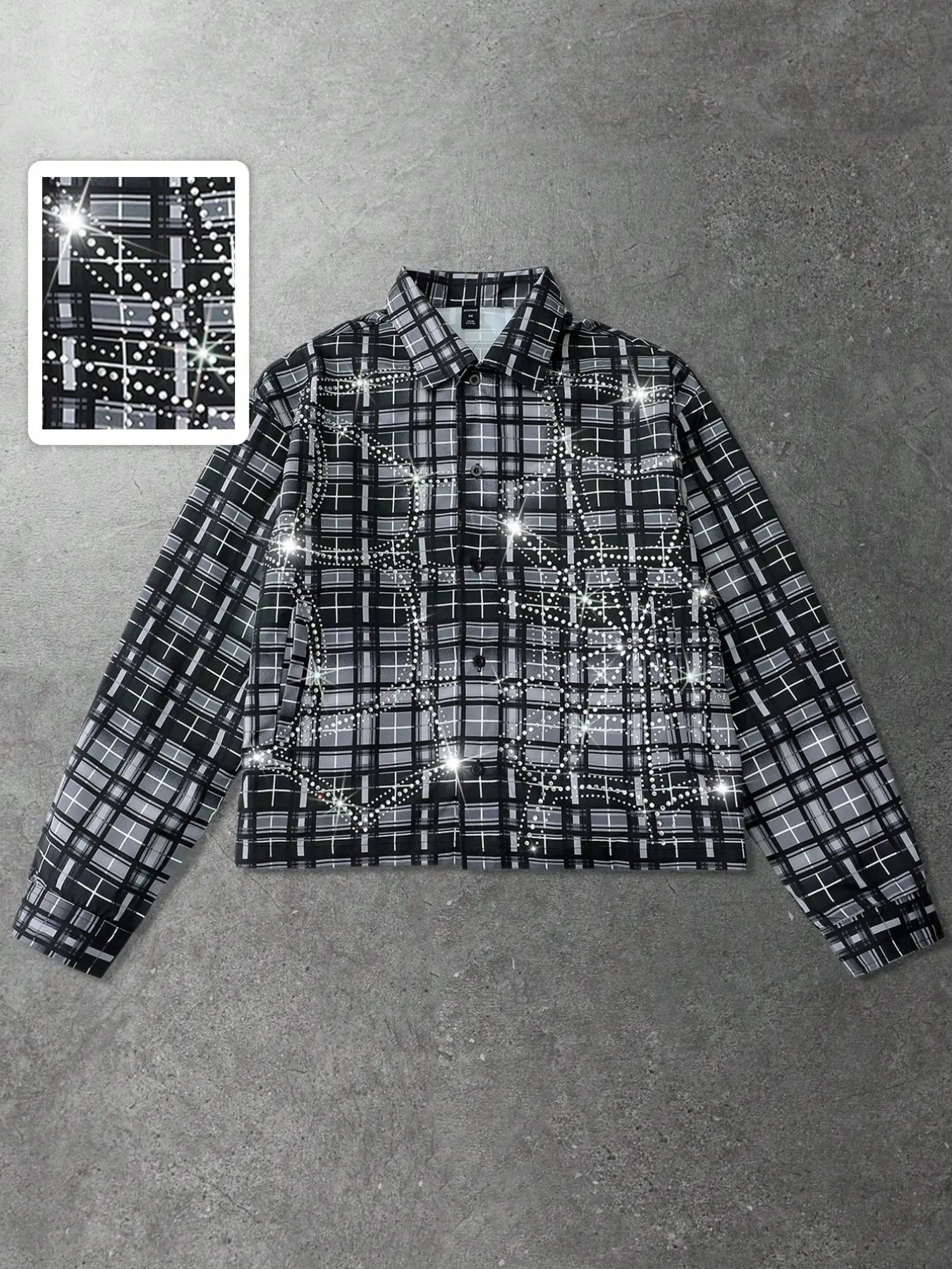 Neon Blanc Men's Street Fashion Woven Plaid Rhinestone Spider Web Short Sleeve Casual Buttons Collared Shirt, Stylish Urban Apparel for Trendy Looks
