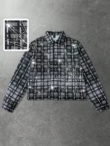 Neon Blanc Men's Street Fashion Woven Plaid Rhinestone Spider Web Short Sleeve Shirt, Stylish Urban Apparel for Trendy Looks