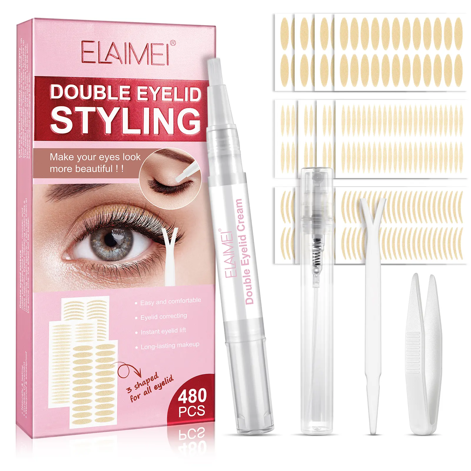 【live】Elamei Eyelid Tape - 480pcs Double Eyelid Lifter Strips, Waterproof and Invisible, Instant Eye Lift for Hooded and Droopy Lids