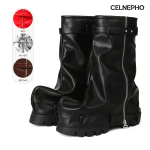 CELNEPHO Platform Boots for Women Round Toe Shark Boots Chunky Platform Heel Slouchy Booties Side Zipper Closure Mid Calf Boot Easy Pull on Fold Over Boots Date Party Gift Outdoor Events Dress Shoes