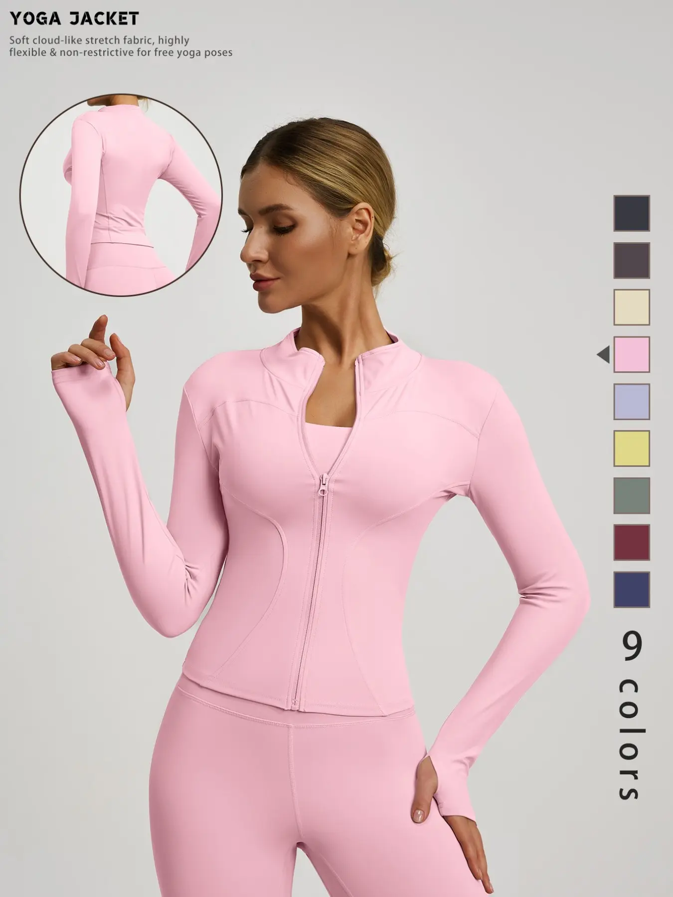 High-End Solid Color Long Sleeve Sports Jacket with Thumbholes, Lightweight Breathable Comfort Wear for Running Yoga Gym Training, Yoga Jacket Top