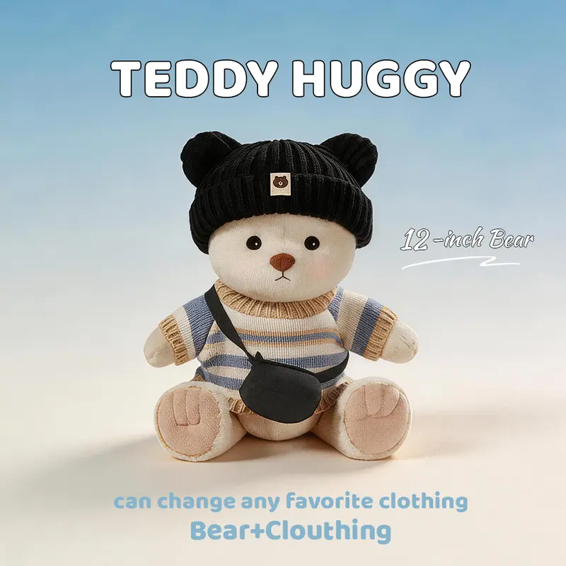 TEDDY HUGGY Adorable Teddy Bear Cute Collectibles - Knitted 3-Pieces Set with 12in Cuddly Stuffed Toy, Movable Joints, Gentle Plush for All Ages to Enjoy - Perfect Gift for 3+ Years Stuffed Animal Figure