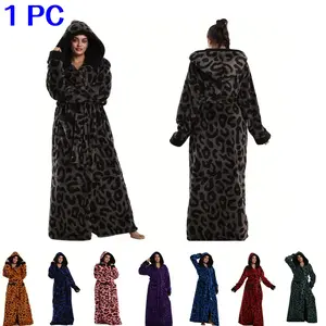 Elegant Leopard Print Flannel Bathrobe, Thickened Couple Version with Hat Belt Pocket, Unisex One Size Fits All Homeewear