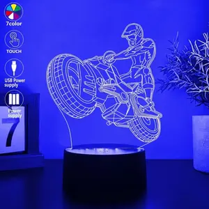 Teen Boy Gift, 3D Night Light Illusion Lamp Touch Control Bedroom Decor, 7 Color Flashing Changes, Motorcycle Style, Dimmable