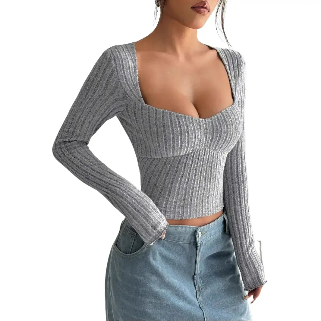Women's Casual Pull-On Sunken Stripe Brushed Long-Sleeve Midriff-Baring Short T-Shirt