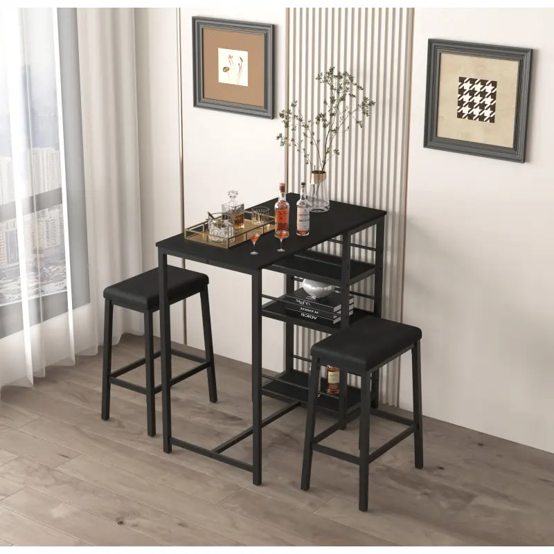 [SOIYELIFE] Dining Tab Set for 2 with 3 Large Storage Shelves, Kitchen Stools Upholstered PU ather, 3 Piece Dinette for Small Space, Apartment
