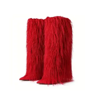 Chic women's knee high fluffy fur boots pointed toe