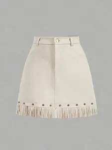 High Waist A-Line Fringe Hem Faux Suede Mini Skirt, Casual Skirts, Stylish Women's Fashion, Perfect for Casual and Party