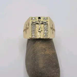 Elegant Christ on the Cross Ring with Clear Stones  Laminated Gold Sizes 8 to 11 Top 16mm Bottom 4mm Sparkling Design for Any Occasion