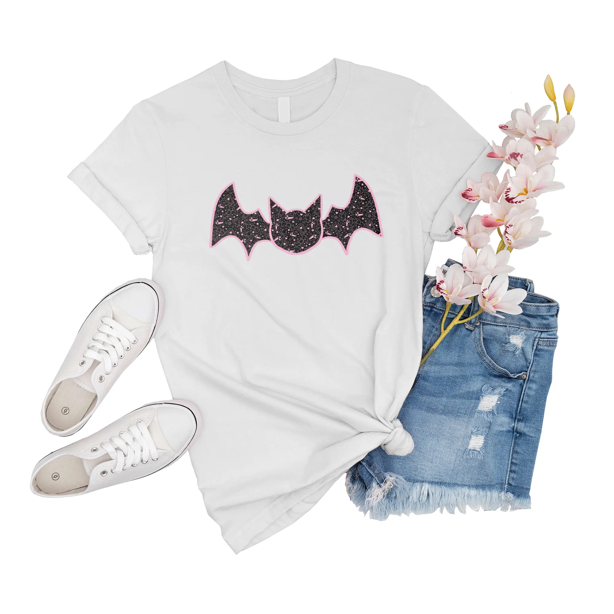 T-Shirt Unisex Monster High Cosplay Draculaura Pink Pastel Goth Vampire With Fangs Coffins Bats Tiling Design With Extra Sparkles
