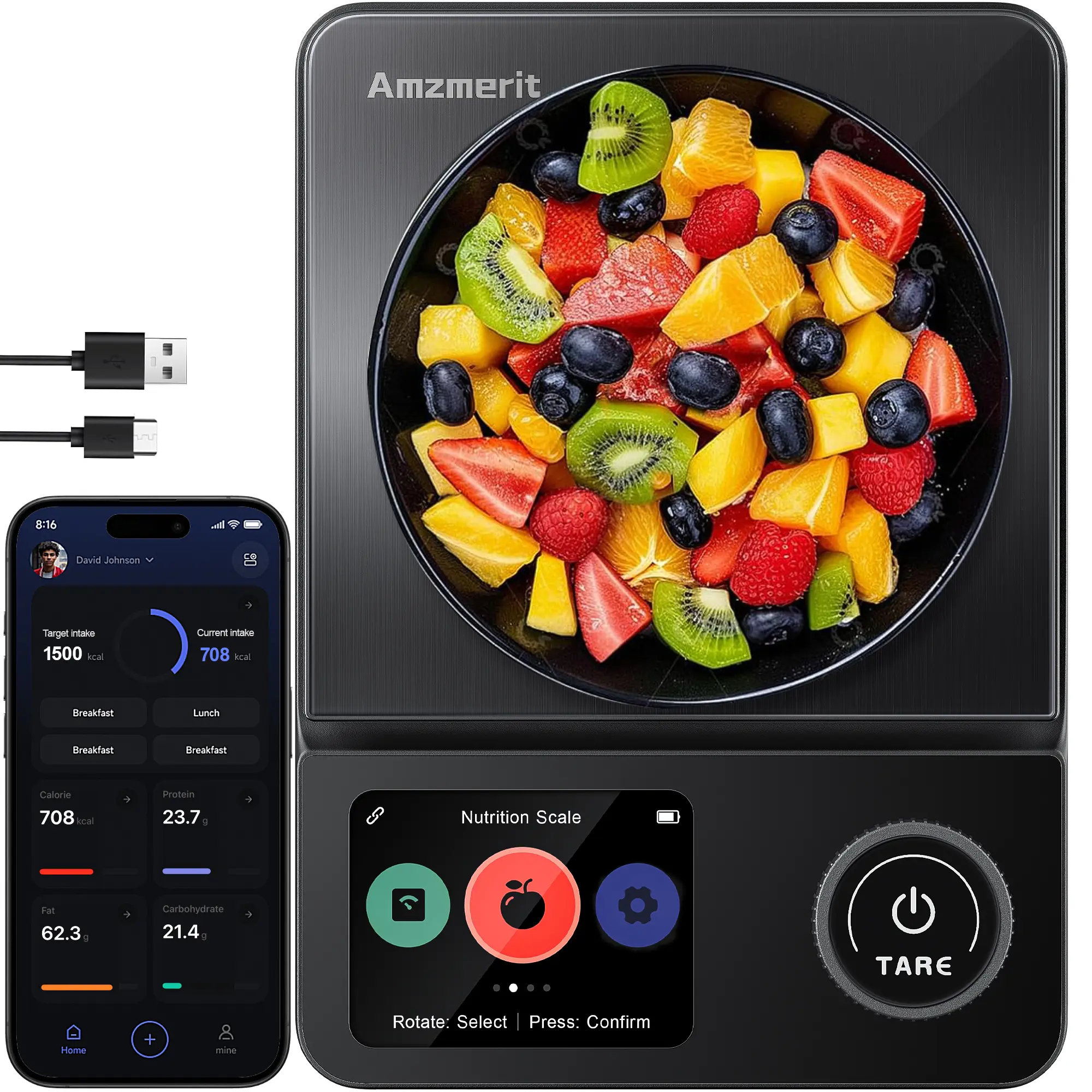 Amzmerit Smart Nutrition Food Scale for Meal Prepping & Sourdough Making - Built-in Calculator, Free Companion App Tracks 19+ Metrics (Calories, Protein, Macronutrients), 5 Weighing Units, USB-C Compatible