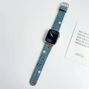 Fashion Fresh Colorful Floral Embroidery Blue Denim Fabric Series Adjustable Watch Band Replacement, Suitable for Apple Watch S11/s10/9/8/7/6/5/4/3