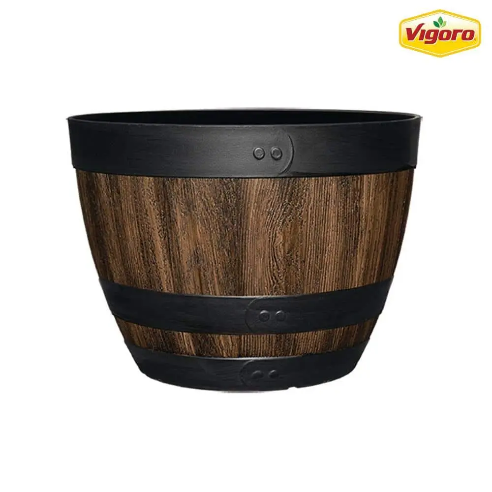 Reedley Medium Kentucky Walnut Brown Resin Wine Barrel Lightweight Round Planter (16 in. L x 16 in. W x 11.5 in. H)