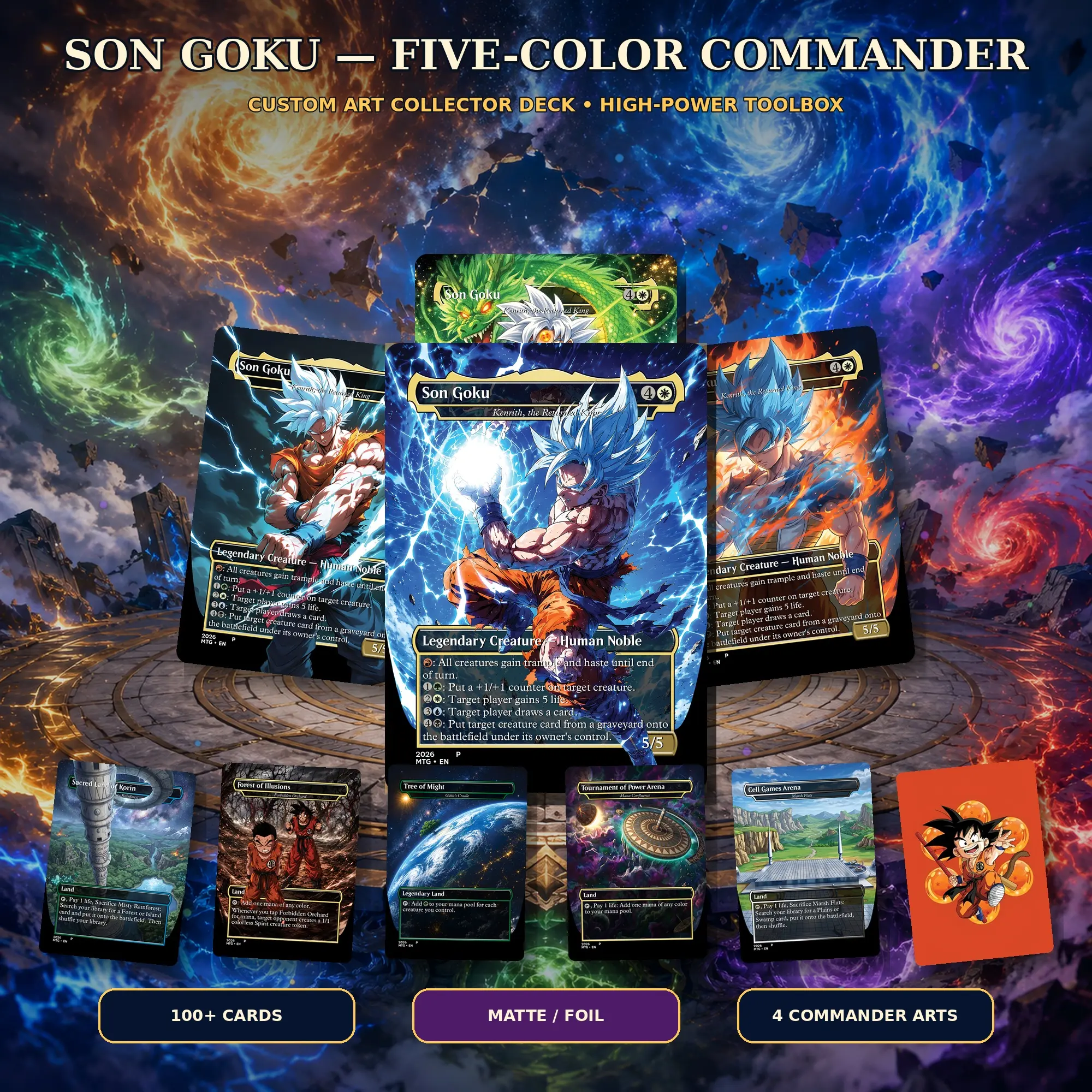 Dragon Ball Inspired Son Goku Five-Color Complete Commander Deck – 100+ Cards, Kenrith Toolbox, Combat Buffs, Card Draw, Reanimation & 4 Commander Arts