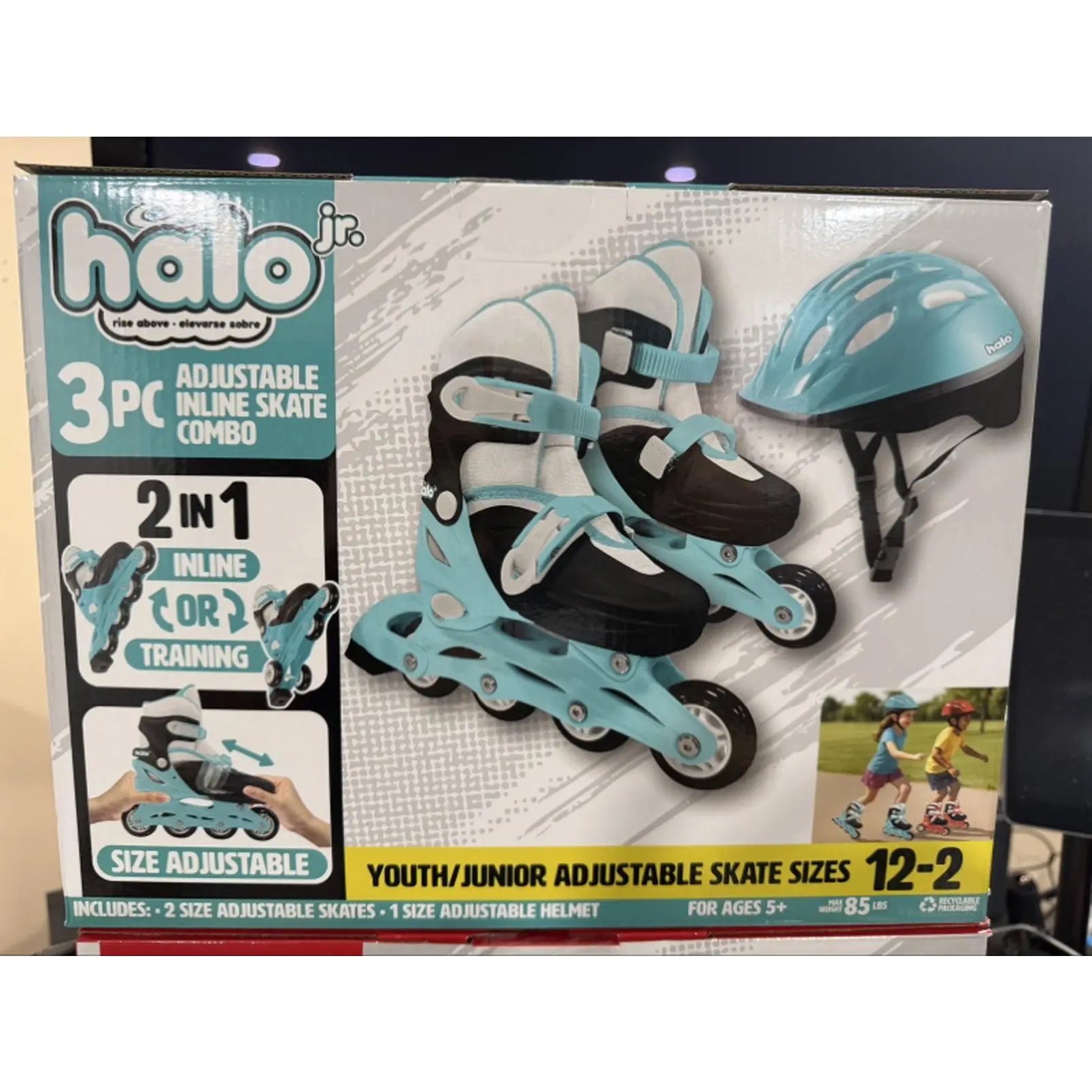 Halo Jr. 3-Piece Adjustable Inline Skate Combo for Youth/Junior Ages 5+ Teal Black White Includes Skates & Helmet Size 12-2