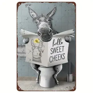 1pc farmhouse bathroom decorative wall art funny donkey sitting in toilet reading newspaper vintage logo vintage logo metal plaque logo 8x12 inch wall art decorative bathroom Ornaments Decoration Print Artistic