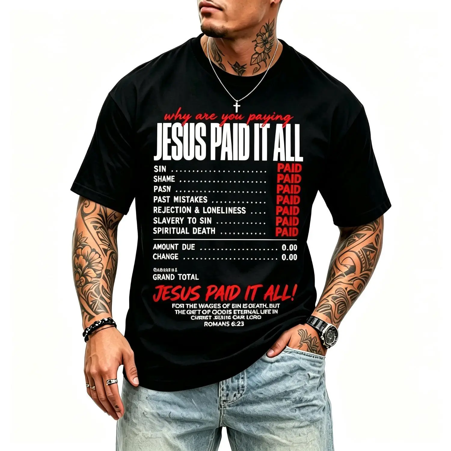 Women's Short-Sleeve Crew Neck Christian Graphic Tee - Funny Faith Humor Design, Romans 6:23 "Jesus Paid It All" Message, Casual Vintage Unisex Spiritual Tops
