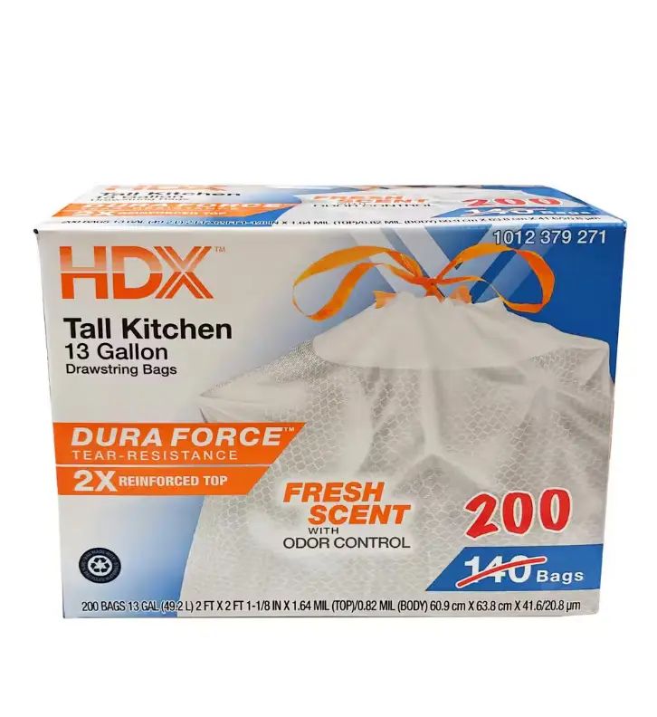 13 Gallon Reinforced Top Drawstring Fresh Scented Tall Kitchen Trash Bags with 20% PCR (200-Count)