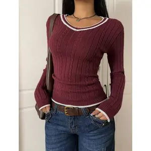 Casual Wine Red Contrast Trim V-Neck Long Sleeve Simple Sweater, Casual Daily Wear, Autumn Winter Season, School Top