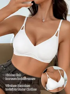 Comfortable Wireless Push-Up Bra, Casual Plain Design, Medium Support, Fitted Three-Quarter Cup, Lined Fabric, All Seasons Wear