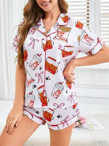 Women's 2-Piece American Fried Chicken Print Pajama Set, Cute Cartoon Chicken Fries & Soda Loungewear, Bow & Star Accents, Turn-Down Collar Button-Down Sleepwear, Soft Breathable & Lightweight, All-Season Casual Home Wear, Homewear