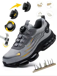 Men's Casual Lace Up Low Top Safety Shoes, Fashionable Breathable Comfortable Patched Rotating Automatic Buckle Design Work Shoes for Daily Wear, Perfect for Students and Outdoor Sports