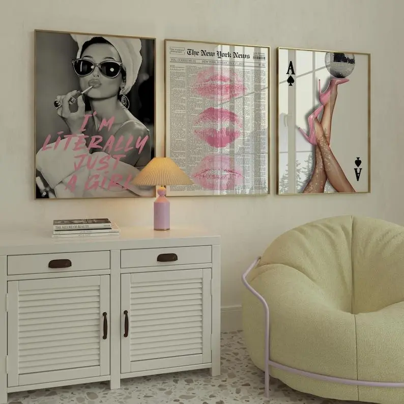 Retro Coquette Wall Art Set of 3 Poster | Pink Heels, Lips & Girl Quote | Digital Download, Dorm Room Decor, Feminine Y2K Aesthetic