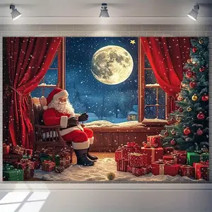 Christmas-Themed Photography Backdrop with Santa Claus Full Moon Gifts & Tree 230.0x180.01cm Polyester Fabric for Birthday Parties & Holiday Decorations Christ Banners Ornaments