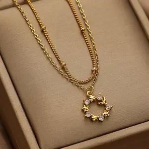 Gold Plated Diamond Moon Pendant Necklace, Real Gold Moon Star Shape Women's Jewelry, Anniversary Gift for Wife, 18+2 Inch
