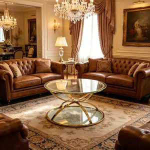 31.50'' Modern Glass Coffee Table with 2 Tiers, Ring-Shaped Frames, Metal Frame and Clear Tempered Glass, Round Coffee Table for Living Room, Bedroom and Office, Gold outdoorfun