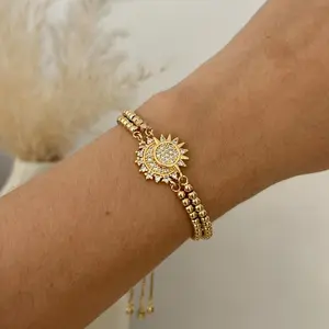 TEWIKY 14K Gold-Plated Double-Layer Bracelet with Half Sunflower & Blue Zircon Moon Star Magnetic Clasp Adjustable Cord Valentine's Day Gift