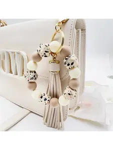 Cross-border New Arrival 14mm Silicone Octagonal Rubber Painted Bead Bracelet Keychain with Fringe