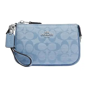 COACH Nolita 15 Classic Monogram Zip Top Handle Bag for Women, Jacquard Fabric and Suede Blend, Light Blue